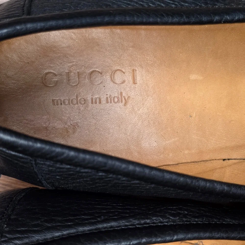 Gucci Mens 8.5 Black Pebble Leather Horsebit Square Toe Slip On Loafer Shoes